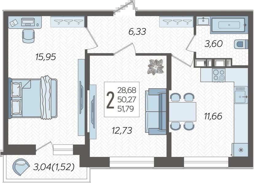 1-комнатная квартира с отделкой в ЖК Бунинские кварталы на 6 этаже в 2 секции. Сдача в 2 кв. 2026 г.