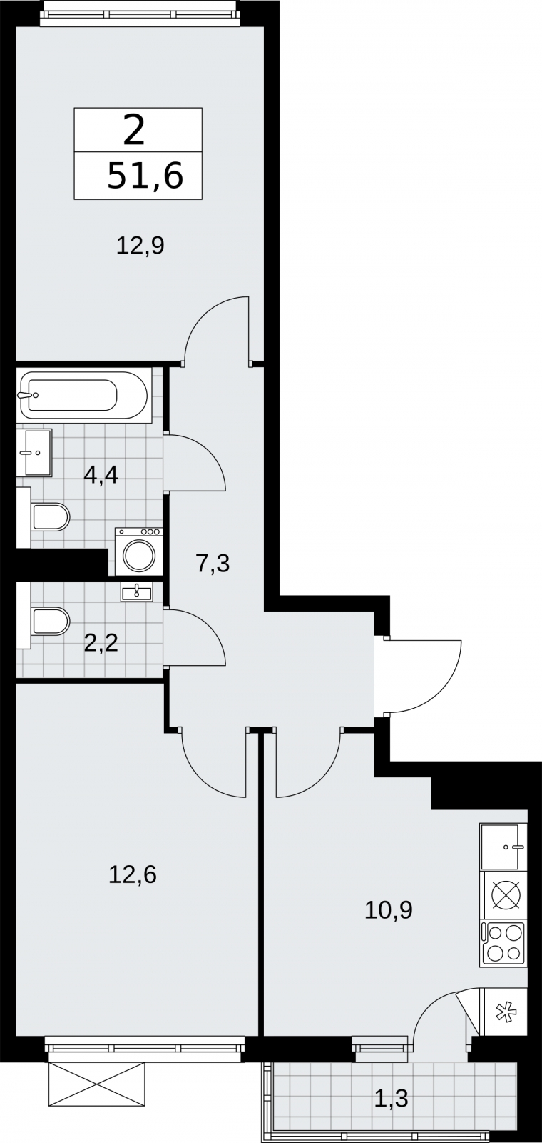 2-комнатная квартира с отделкой в ЖК Бунинские кварталы на 7 этаже в 2 секции. Сдача в 2 кв. 2026 г.