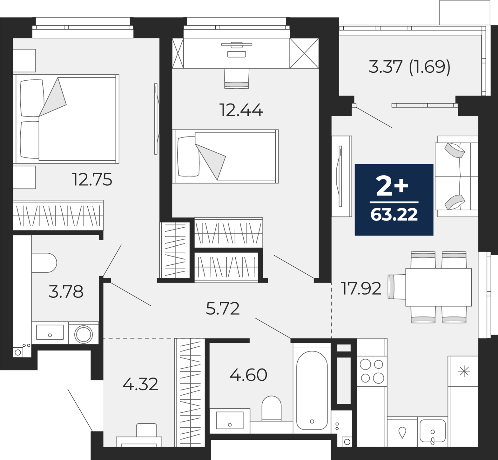 2-комнатная квартира с отделкой в ЖК Бунинские кварталы на 6 этаже в 3 секции. Сдача в 2 кв. 2026 г.