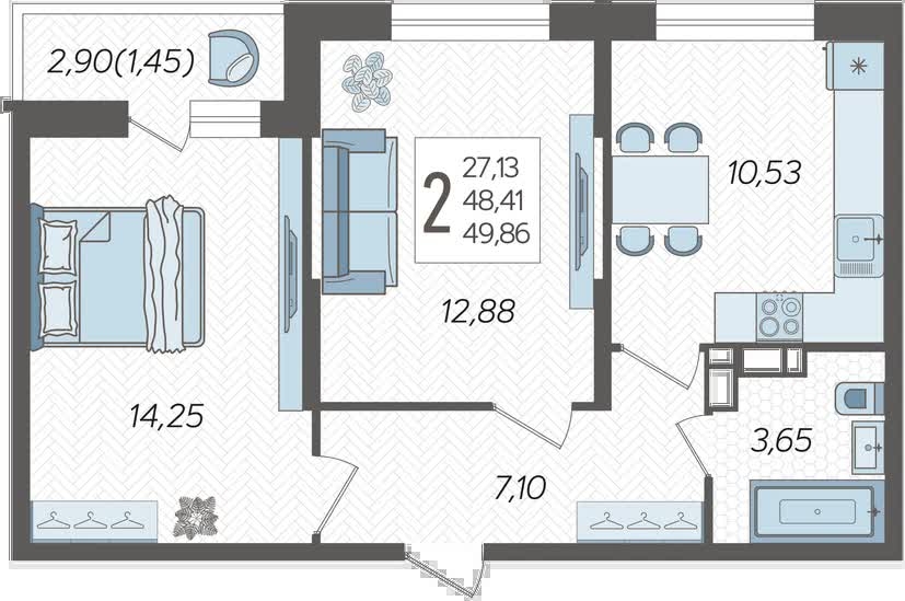 1-комнатная квартира в ЖК Бунинские кварталы на 7 этаже в 6 секции. Сдача в 2 кв. 2026 г.