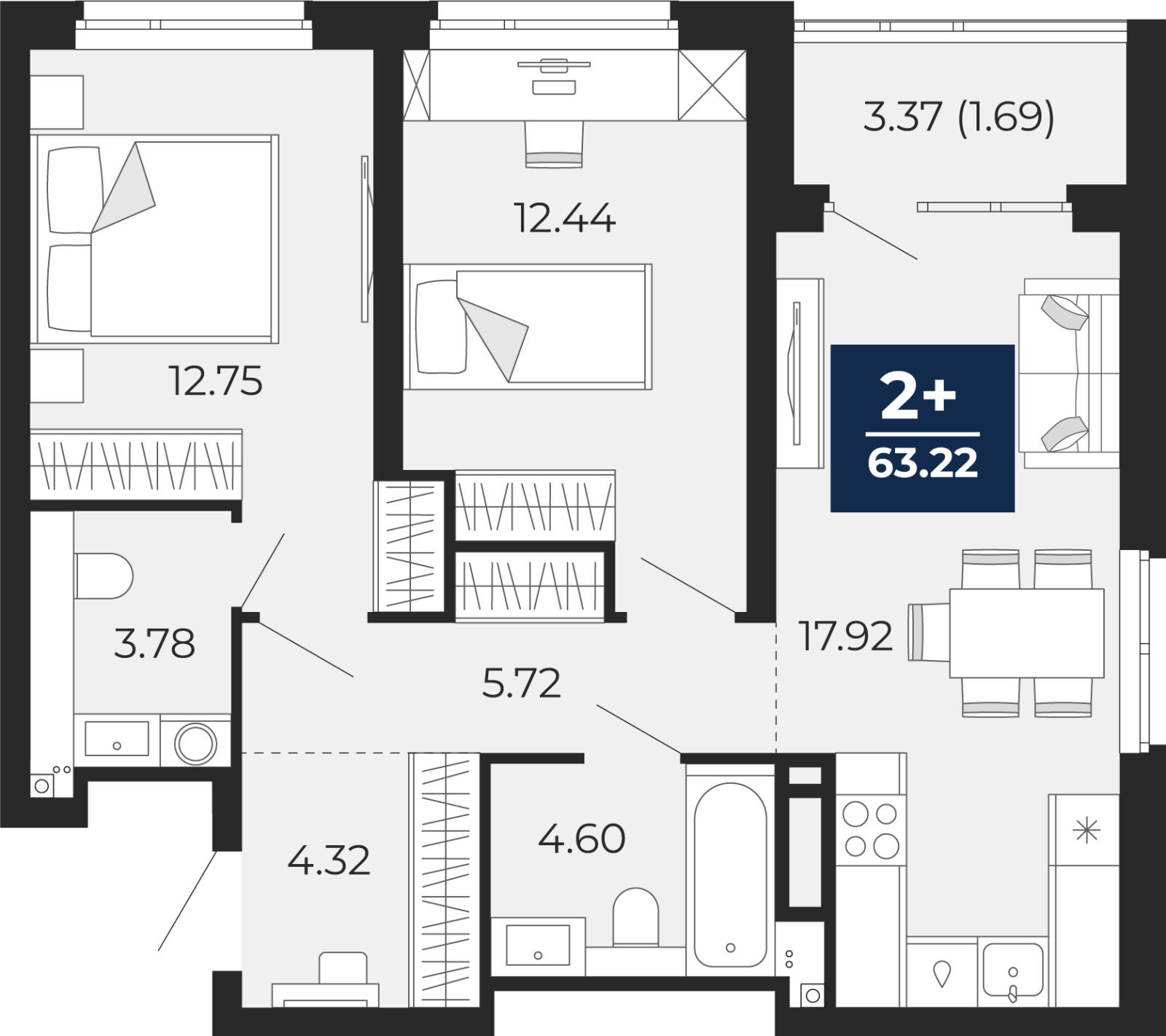 1-комнатная квартира с отделкой в ЖК Бунинские кварталы на 12 этаже в 3 секции. Сдача в 2 кв. 2026 г.