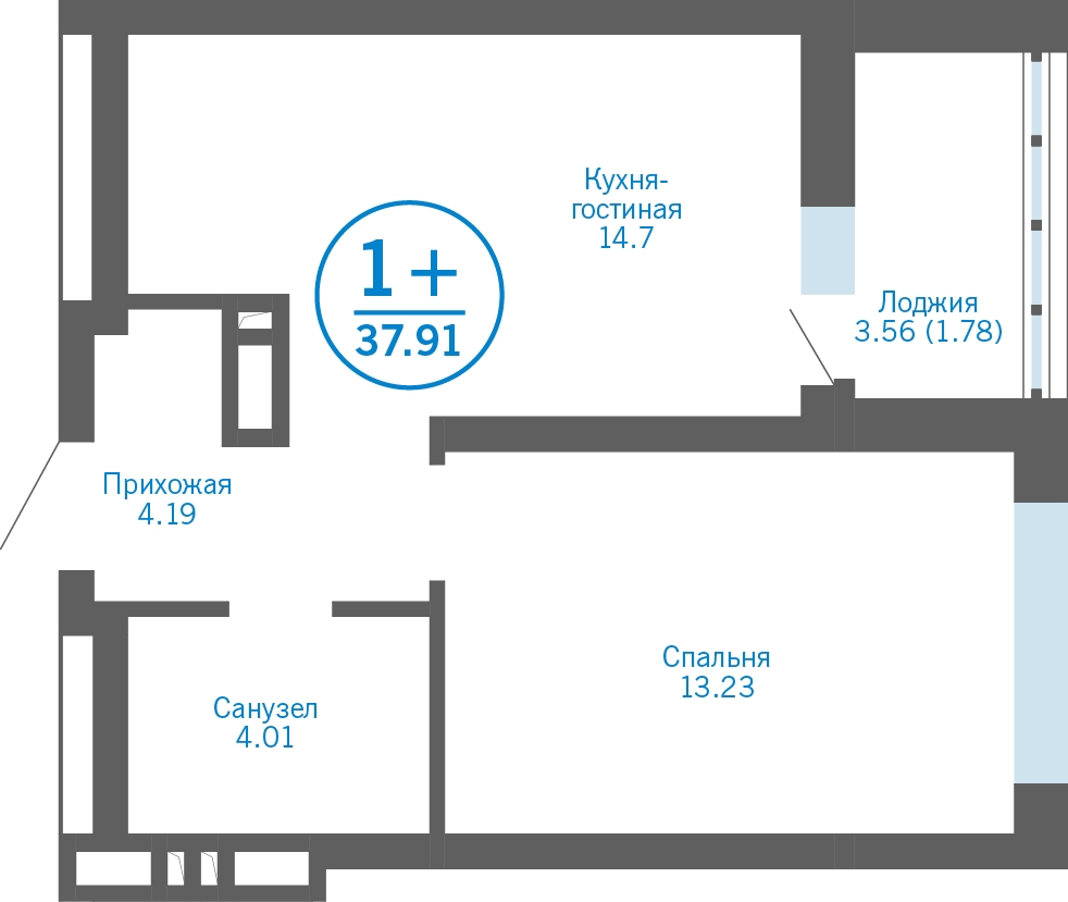 1-комнатная квартира в ЖК Бунинские кварталы на 13 этаже в 3 секции. Сдача в 2 кв. 2026 г.