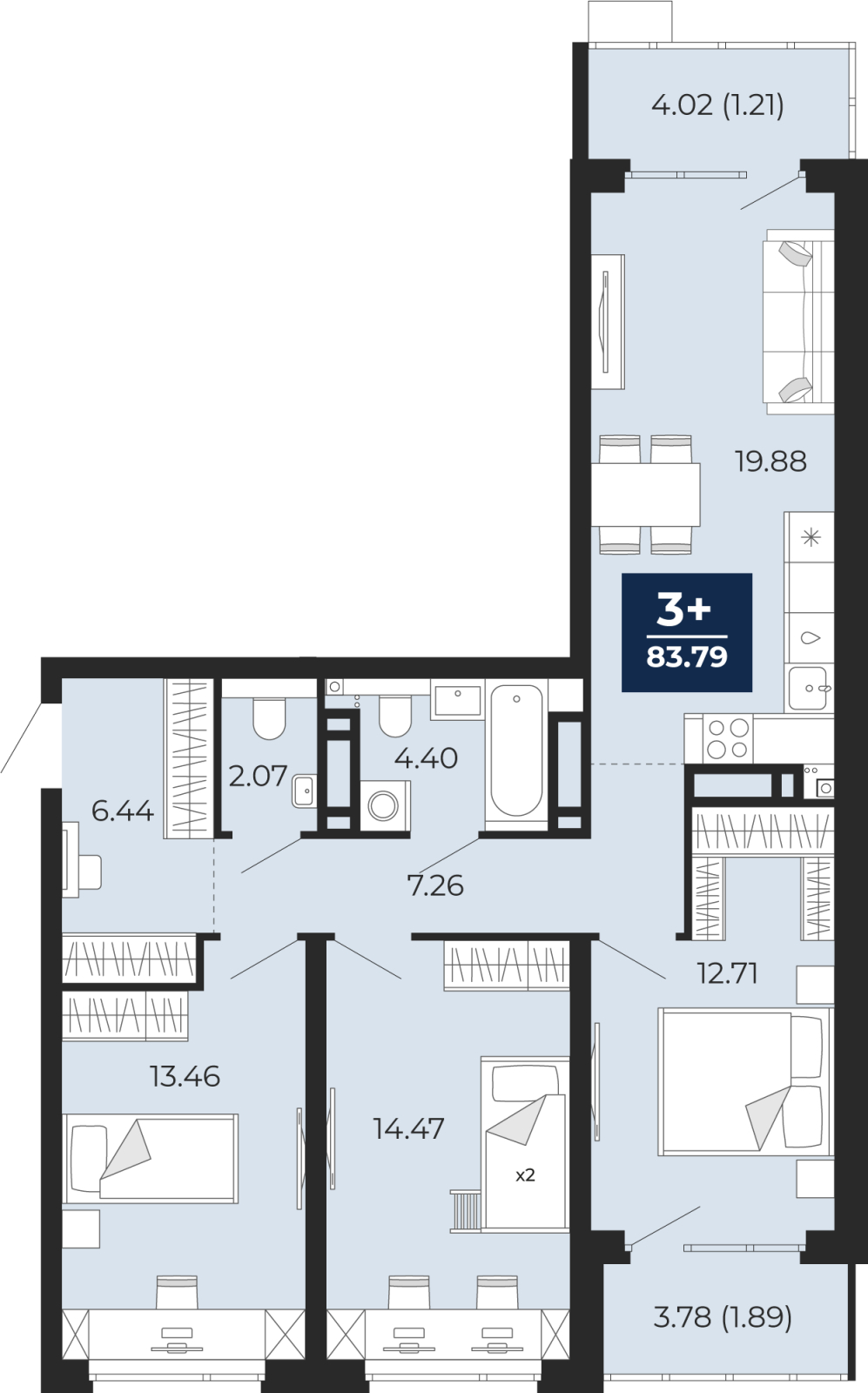 1-комнатная квартира (Студия) в ЖК Бунинские кварталы на 14 этаже в 3 секции. Сдача в 2 кв. 2026 г.