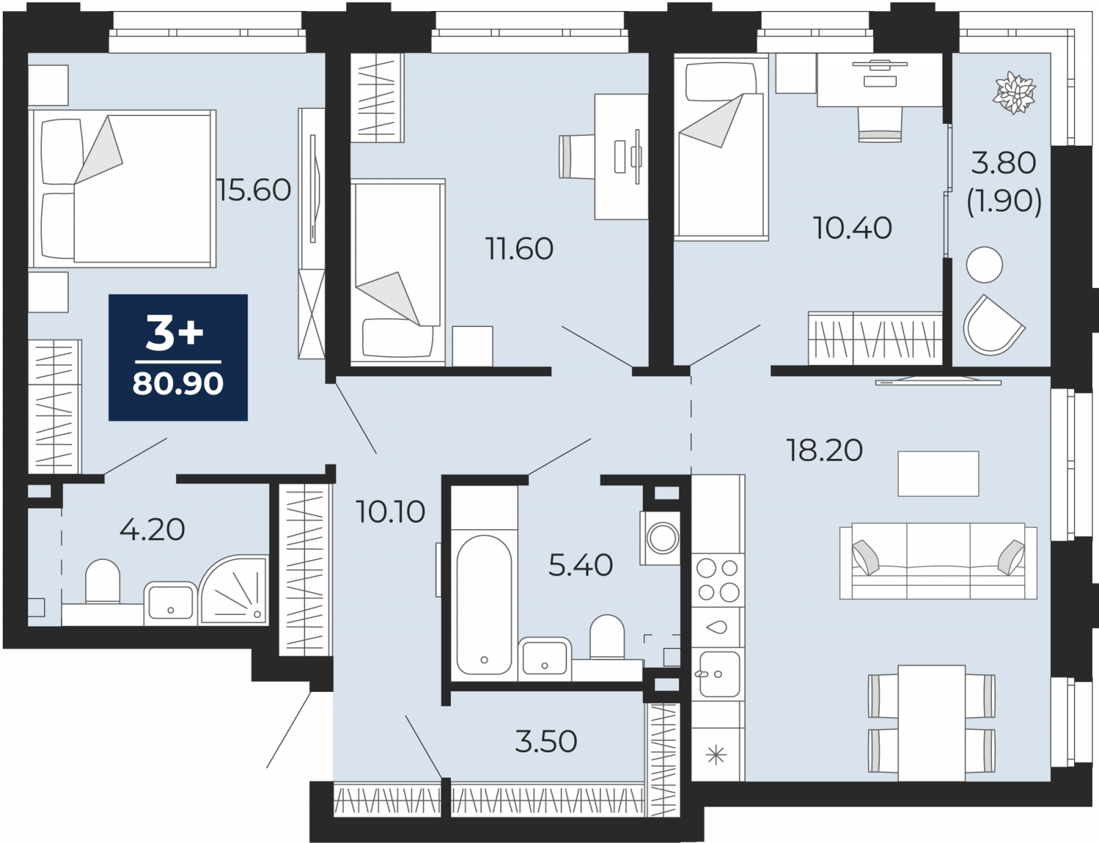 1-комнатная квартира в ЖК Бунинские кварталы на 4 этаже в 5 секции. Сдача в 2 кв. 2026 г.