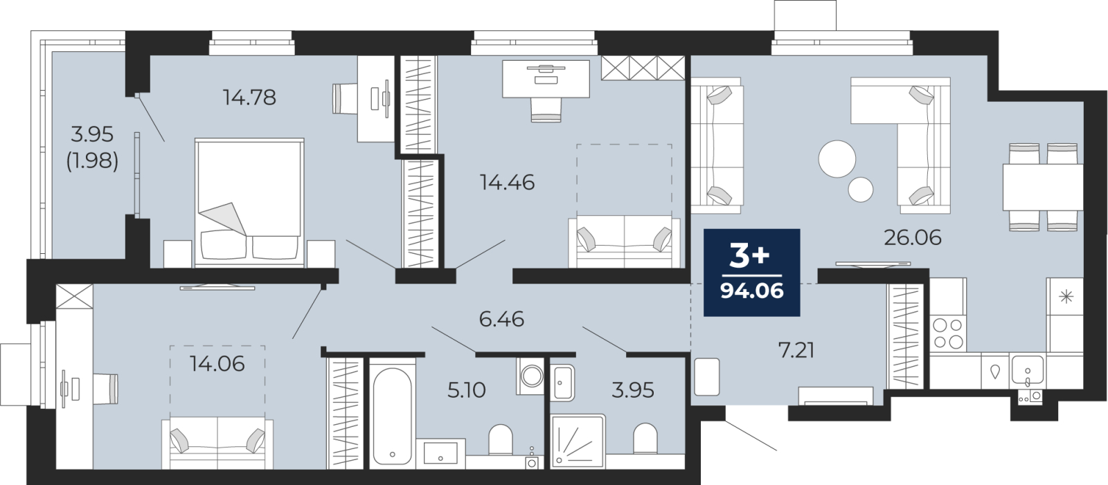 3-комнатная квартира в ЖК Бунинские кварталы на 11 этаже в 2 секции. Сдача в 2 кв. 2026 г.