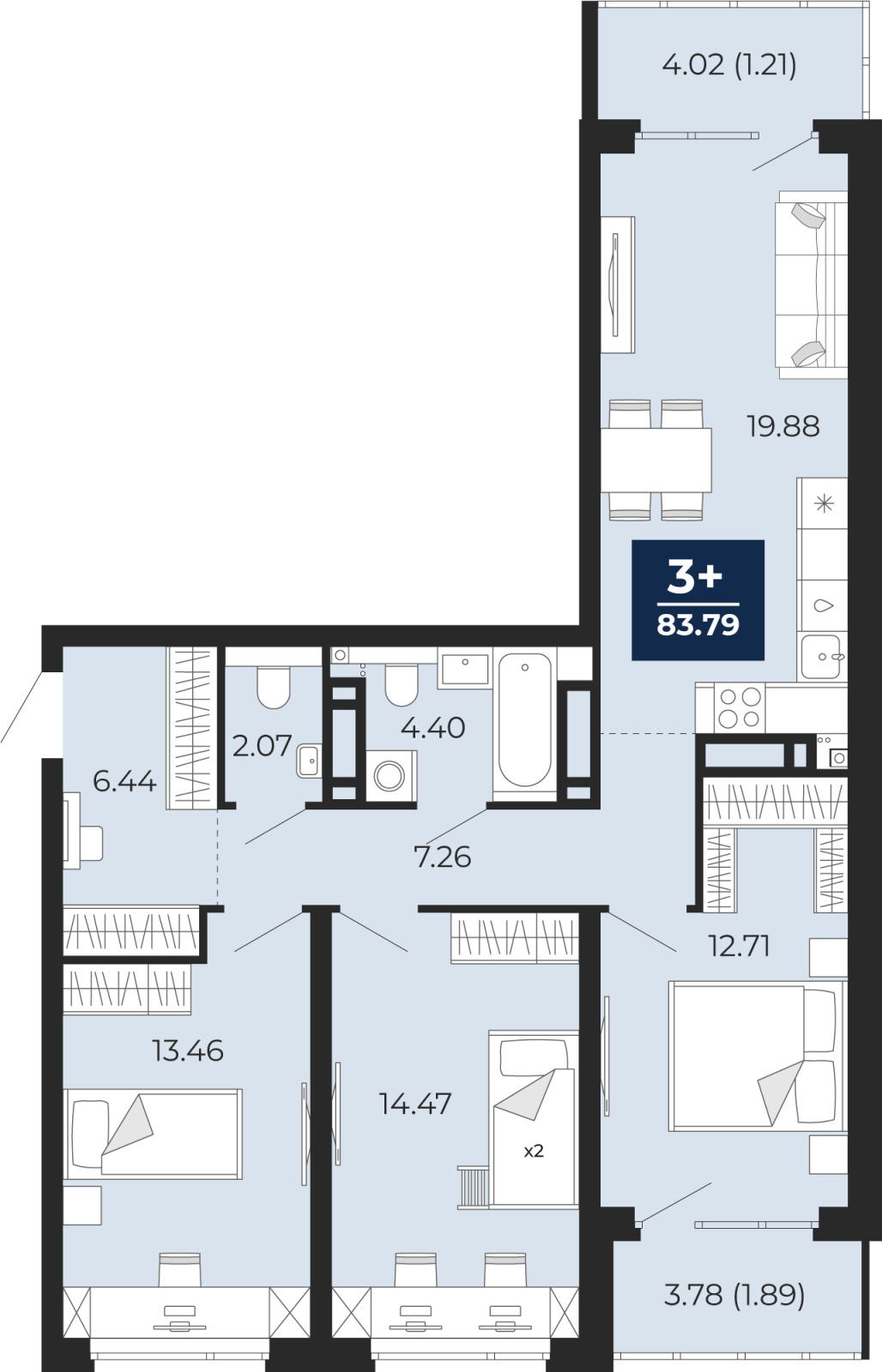 2-комнатная квартира с отделкой в ЖК Бунинские кварталы на 3 этаже в 7 секции. Сдача в 2 кв. 2026 г.