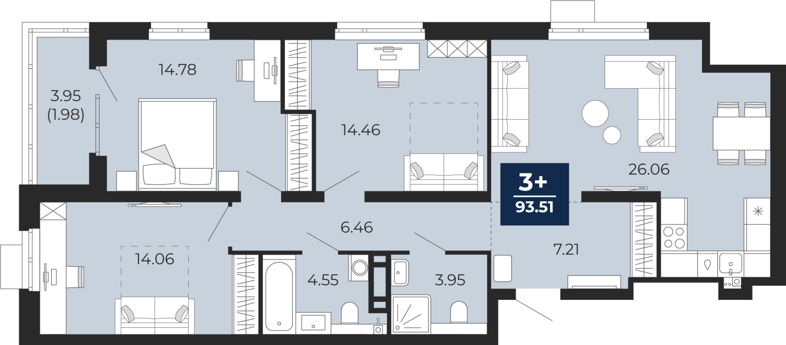 3-комнатная квартира с отделкой в ЖК Бунинские кварталы на 6 этаже в 6 секции. Сдача в 2 кв. 2026 г.