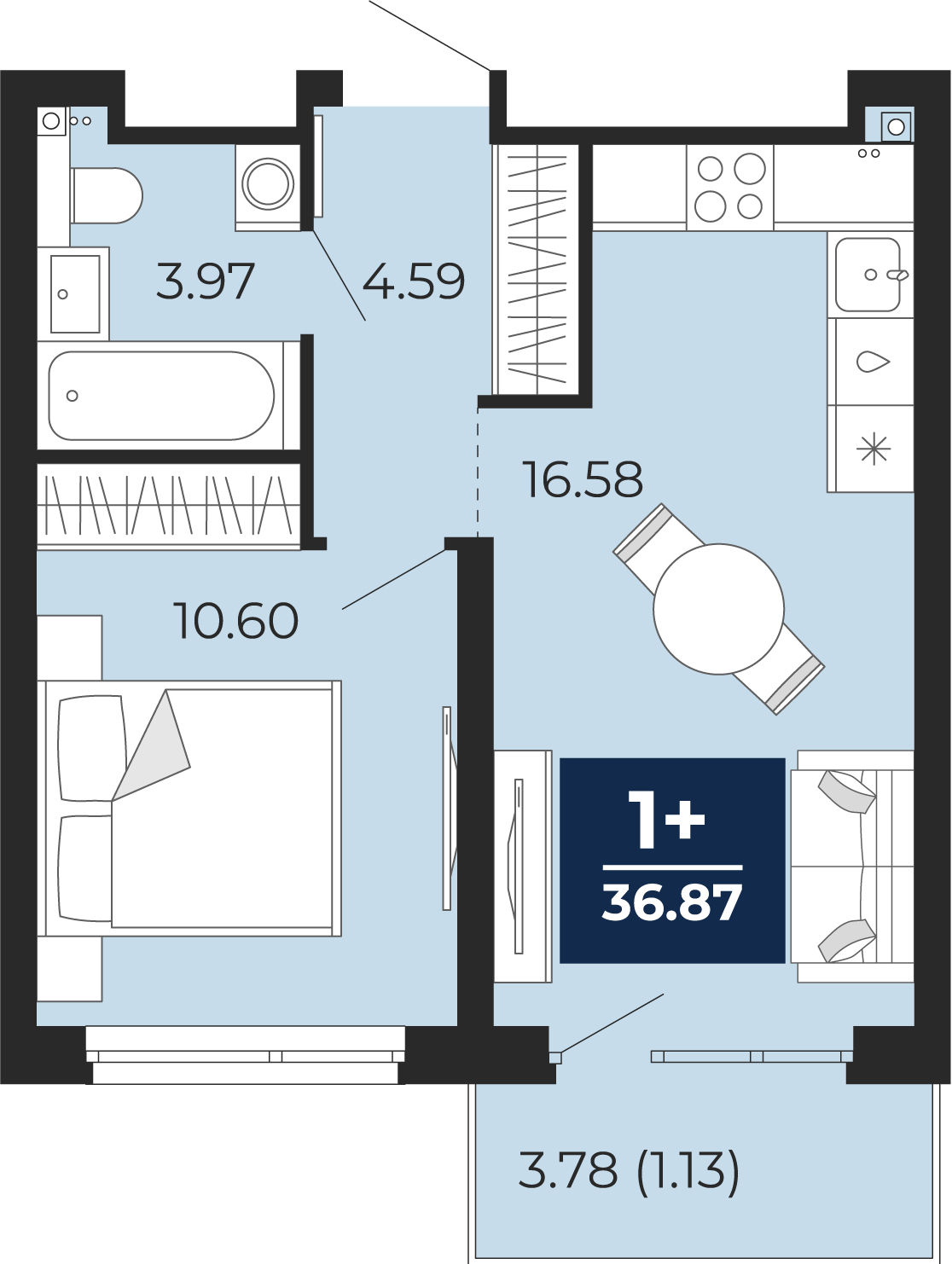 1-комнатная квартира (Студия) в ЖК Бунинские кварталы на 7 этаже в 5 секции. Сдача в 2 кв. 2026 г.