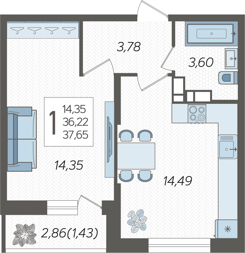 2-комнатная квартира в ЖК Бунинские кварталы на 7 этаже в 5 секции. Сдача в 2 кв. 2026 г.