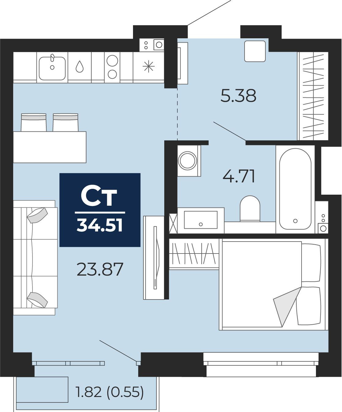 2-комнатная квартира в ЖК Бунинские кварталы на 8 этаже в 5 секции. Сдача в 2 кв. 2026 г.