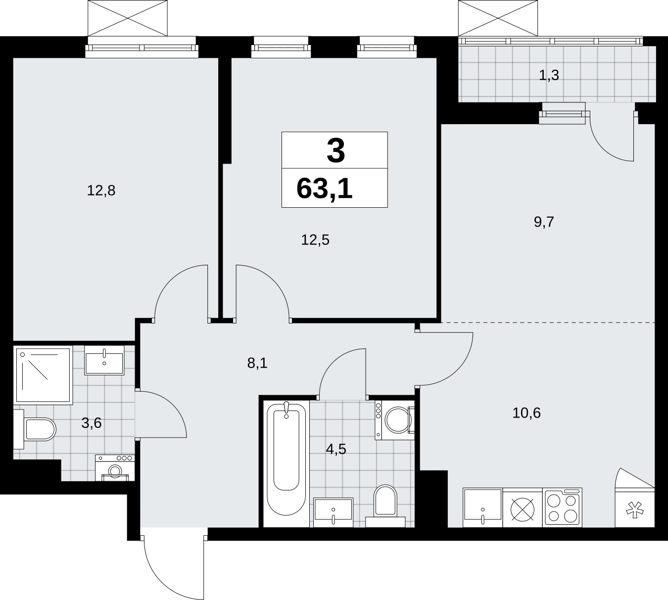 3-комнатная квартира в ЖК Бунинские кварталы на 2 этаже в 6 секции. Сдача в 2 кв. 2026 г.