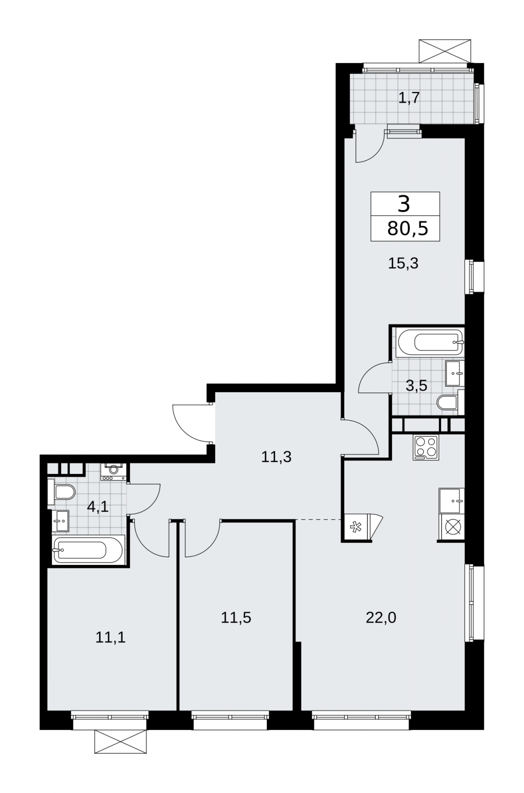 3-комнатная квартира в ЖК Бунинские кварталы на 16 этаже в 2 секции. Сдача в 2 кв. 2026 г.
