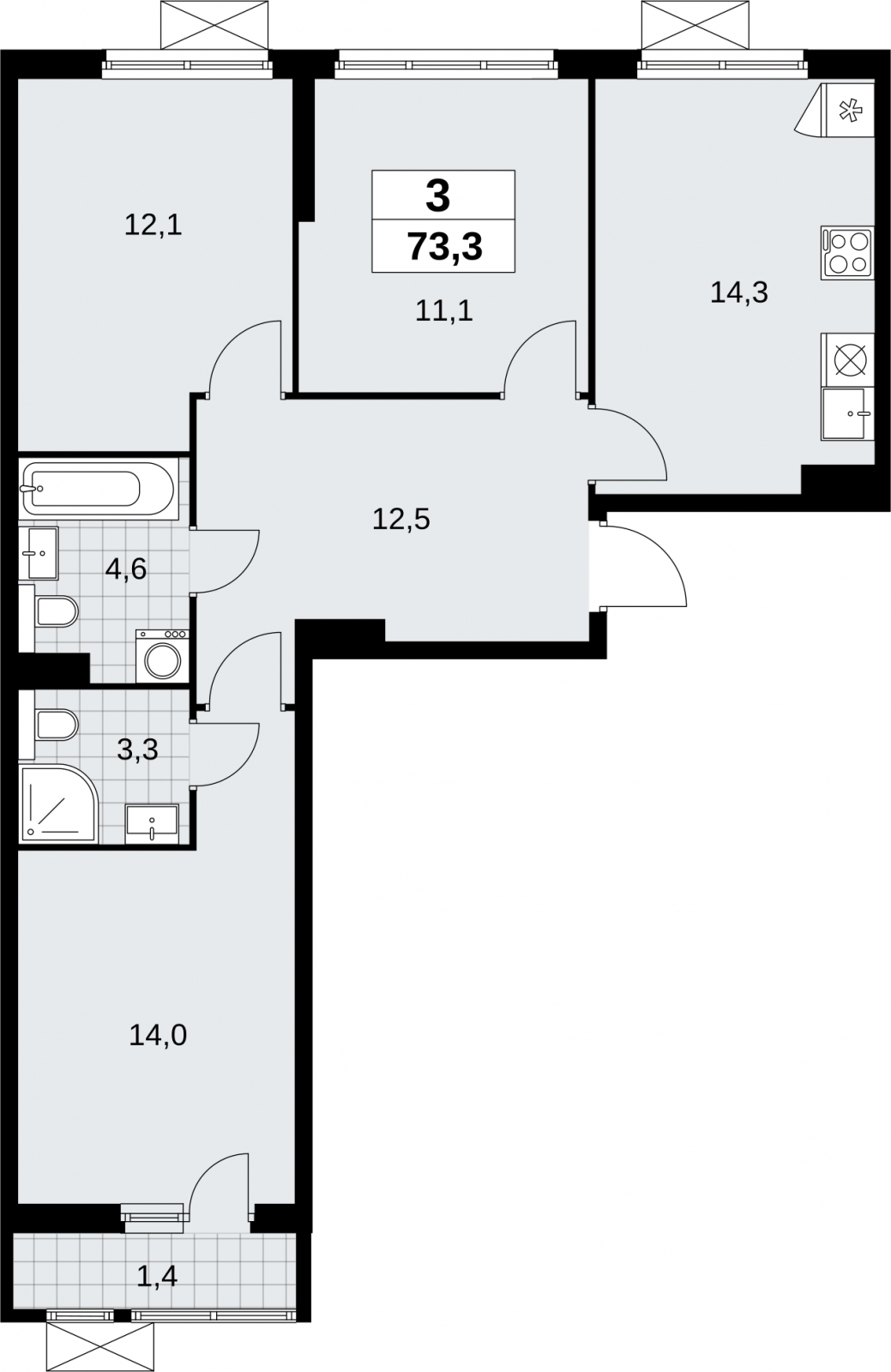 3-комнатная квартира в ЖК Бунинские кварталы на 3 этаже в 4 секции. Сдача в 2 кв. 2026 г.