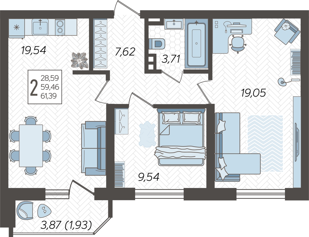 2-комнатная квартира в ЖК URAL на 23 этаже в 1 секции. Сдача в 4 кв. 2024 г.