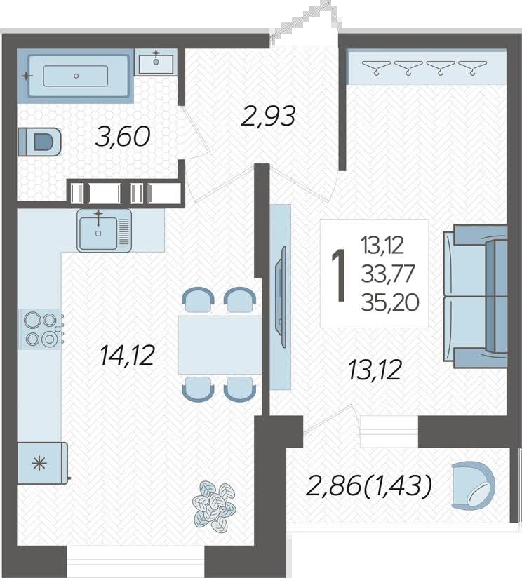 1-комнатная квартира (Студия) с отделкой в ЖК Бунинские кварталы на 9 этаже в 7 секции. Сдача в 2 кв. 2026 г.
