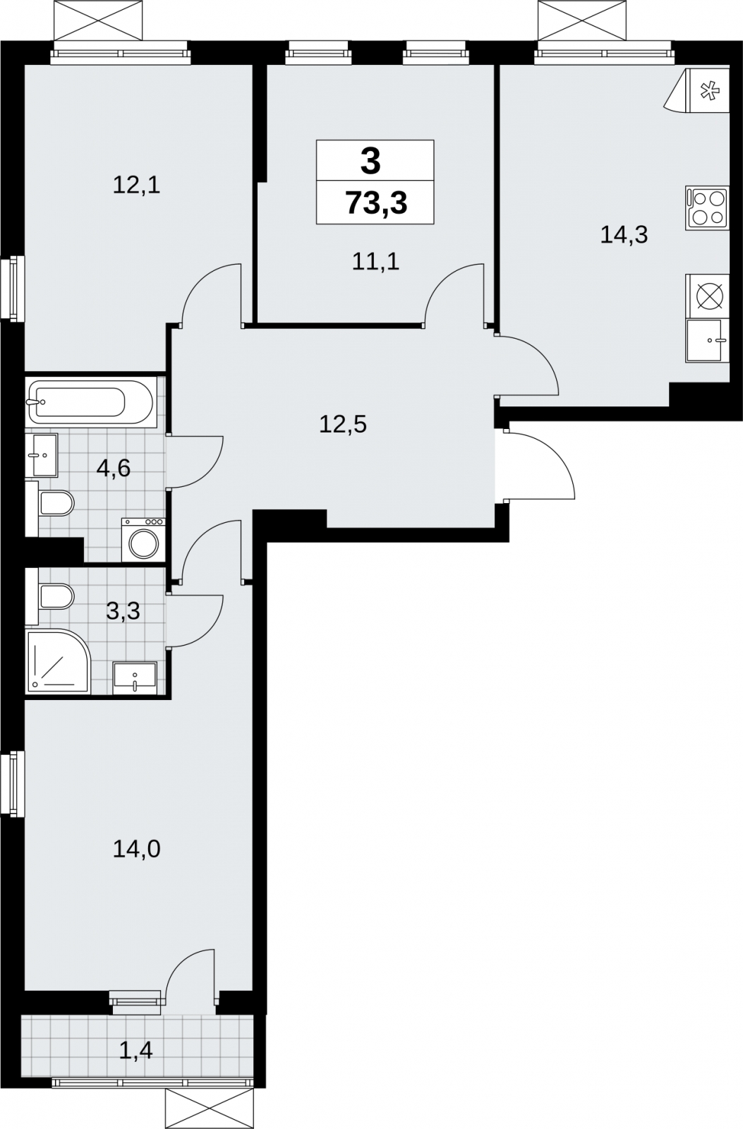 1-комнатная квартира (Студия) в ЖК Бунинские кварталы на 12 этаже в 3 секции. Сдача в 2 кв. 2026 г.
