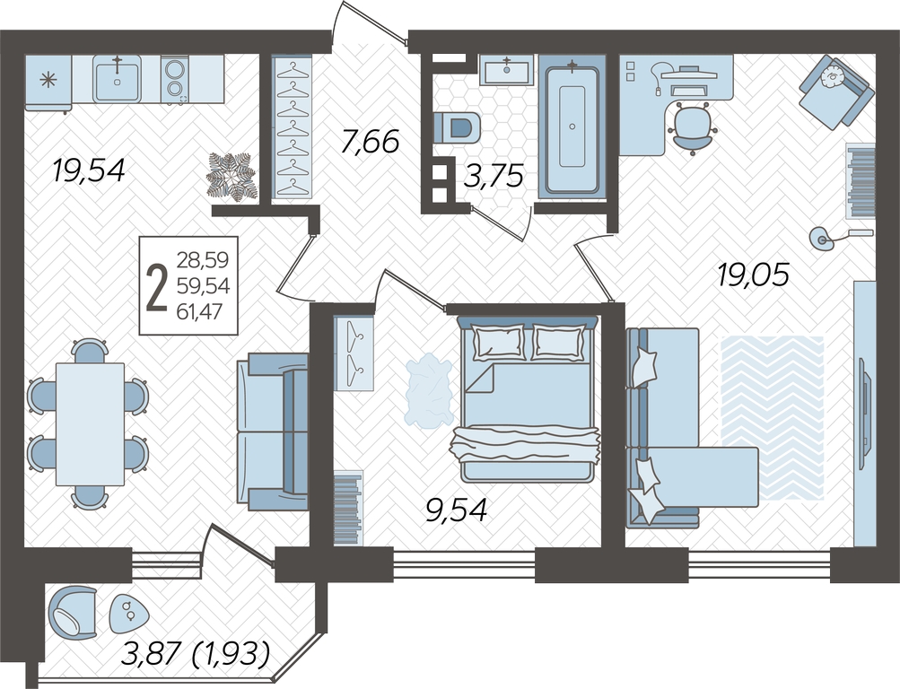 2-комнатная квартира в ЖК URAL на 13 этаже в 1 секции. Сдача в 4 кв. 2024 г.