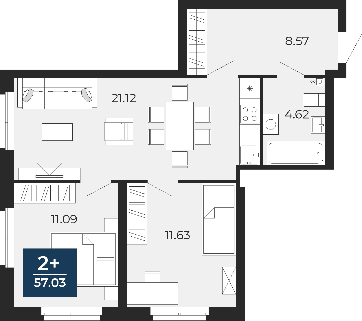 3-комнатная квартира в ЖК Бунинские кварталы на 13 этаже в 6 секции. Сдача в 2 кв. 2026 г.