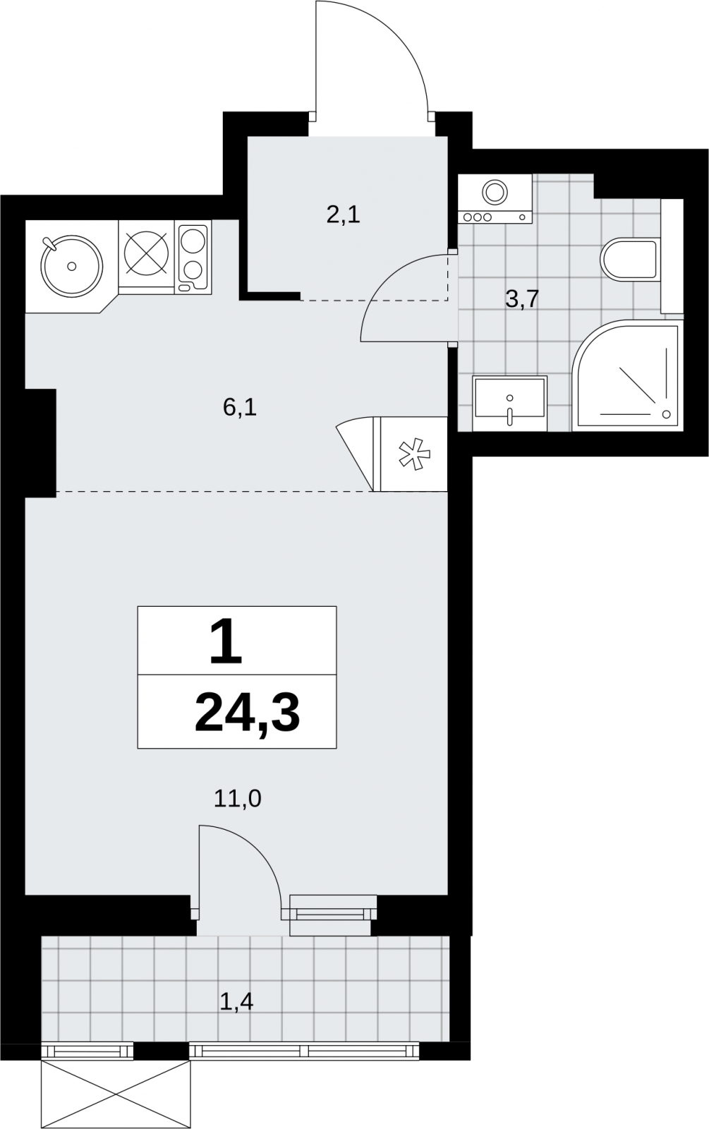 1-комнатная квартира (Студия) в ЖК Бунинские кварталы на 16 этаже в 3 секции. Сдача в 2 кв. 2026 г.