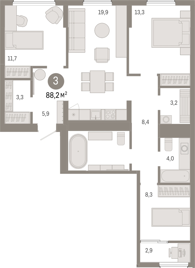 2-комнатная квартира в ЖК Бунинские кварталы на 16 этаже в 6 секции. Сдача в 2 кв. 2026 г.