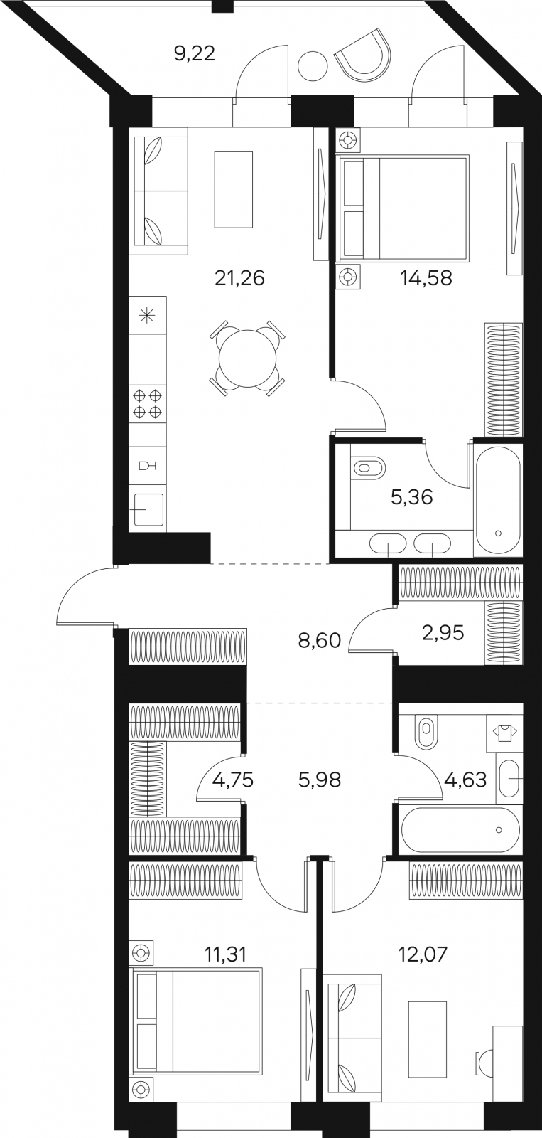 3-комнатная квартира в ЖК URAL на 3 этаже в 1 секции. Сдача в 4 кв. 2024 г.