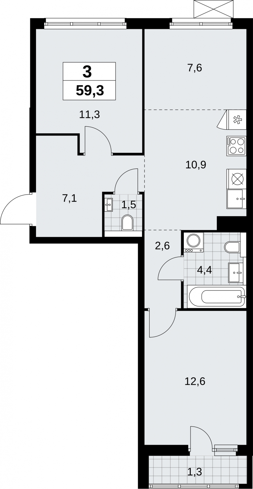 1-комнатная квартира в ЖК Бунинские кварталы на 3 этаже в 4 секции. Сдача в 2 кв. 2026 г.