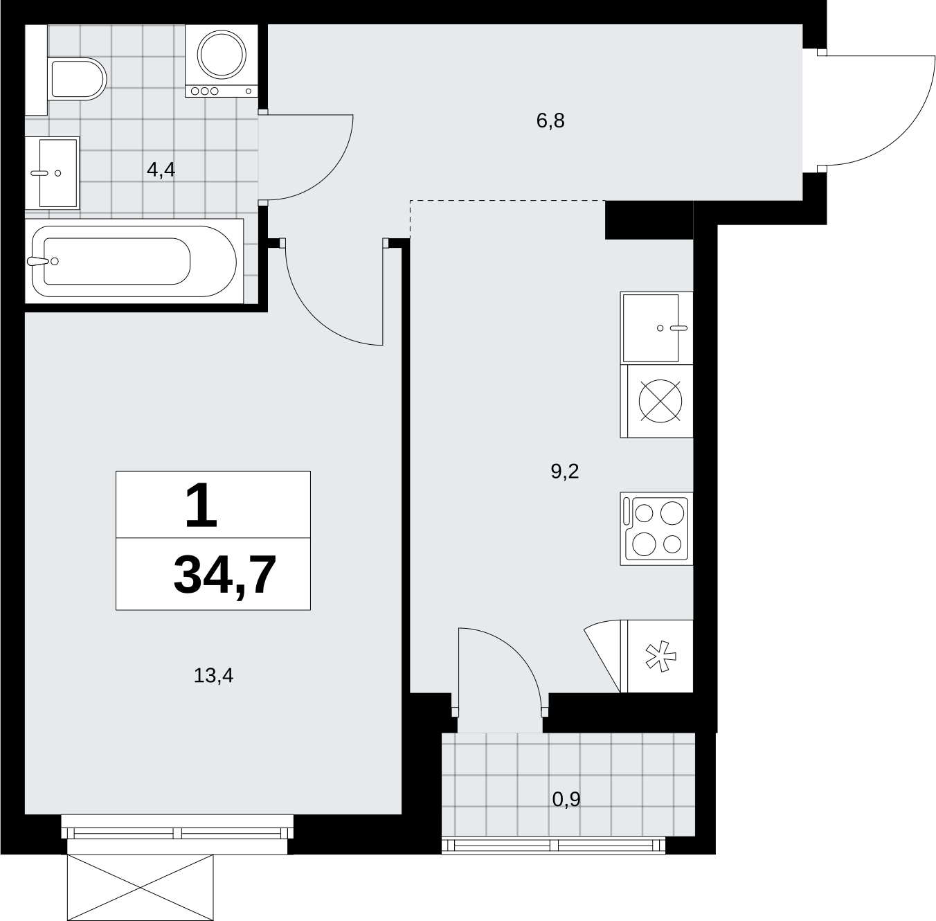1-комнатная квартира в ЖК Бунинские кварталы на 4 этаже в 4 секции. Сдача в 2 кв. 2026 г.