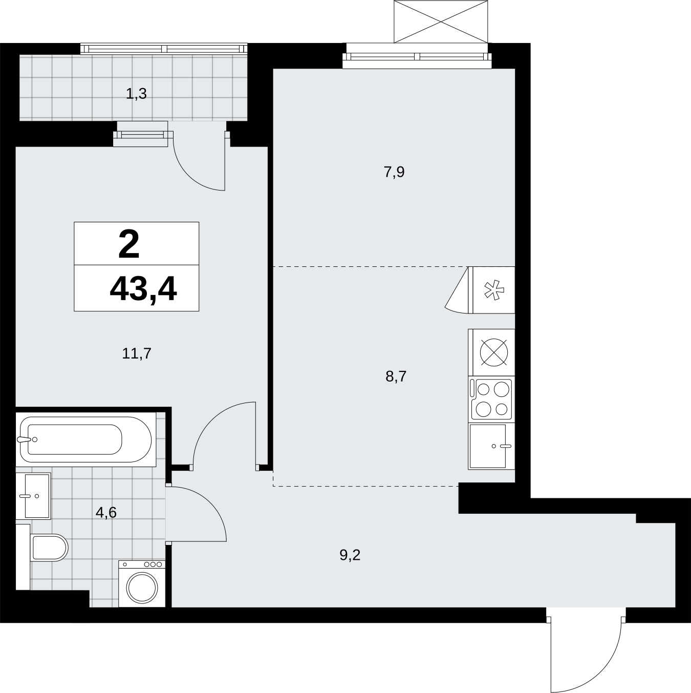 2-комнатная квартира в ЖК Бунинские кварталы на 4 этаже в 4 секции. Сдача в 2 кв. 2026 г.