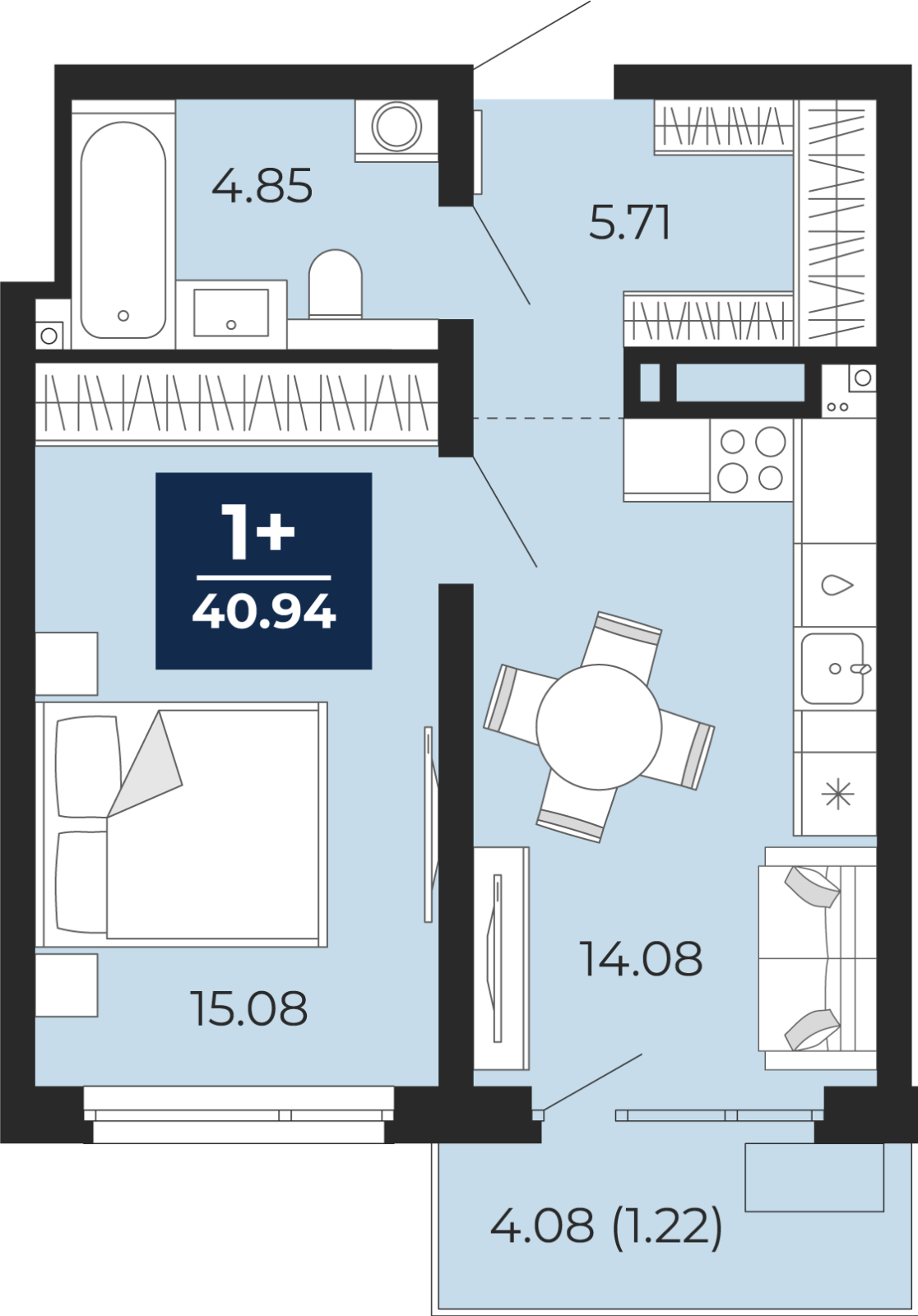 1-комнатная квартира (Студия) с отделкой в ЖК Бунинские кварталы на 7 этаже в 7 секции. Сдача в 2 кв. 2026 г.