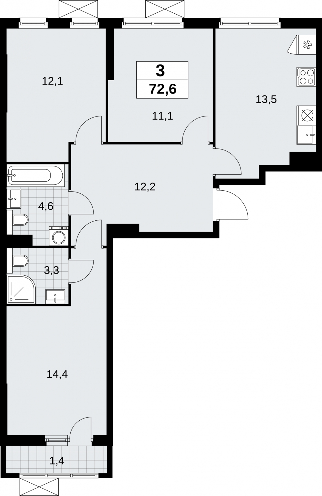 3-комнатная квартира в ЖК Бунинские кварталы на 4 этаже в 7 секции. Сдача в 2 кв. 2026 г.