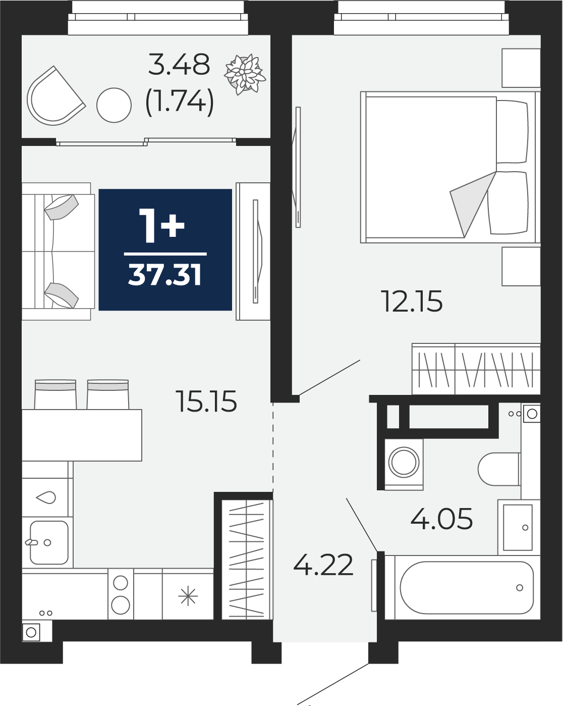1-комнатная квартира в ЖК Бунинские кварталы на 7 этаже в 5 секции. Сдача в 2 кв. 2026 г.