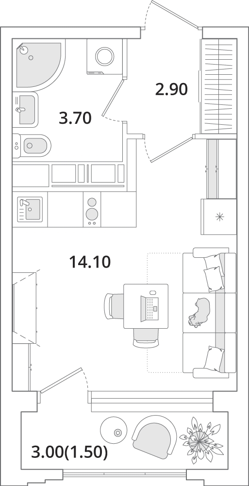 1-комнатная квартира (Студия) в ЖК Бунинские кварталы на 7 этаже в 5 секции. Сдача в 2 кв. 2026 г.