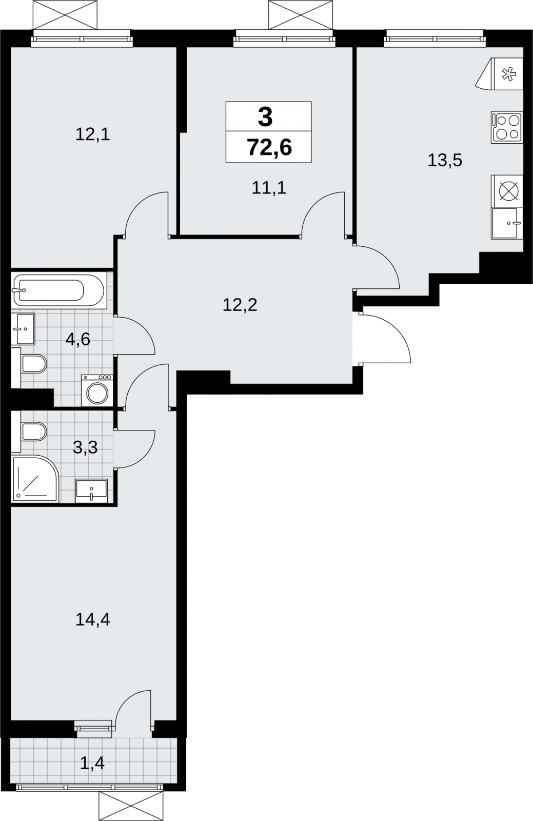 3-комнатная квартира в ЖК Бунинские кварталы на 12 этаже в 7 секции. Сдача в 2 кв. 2026 г.
