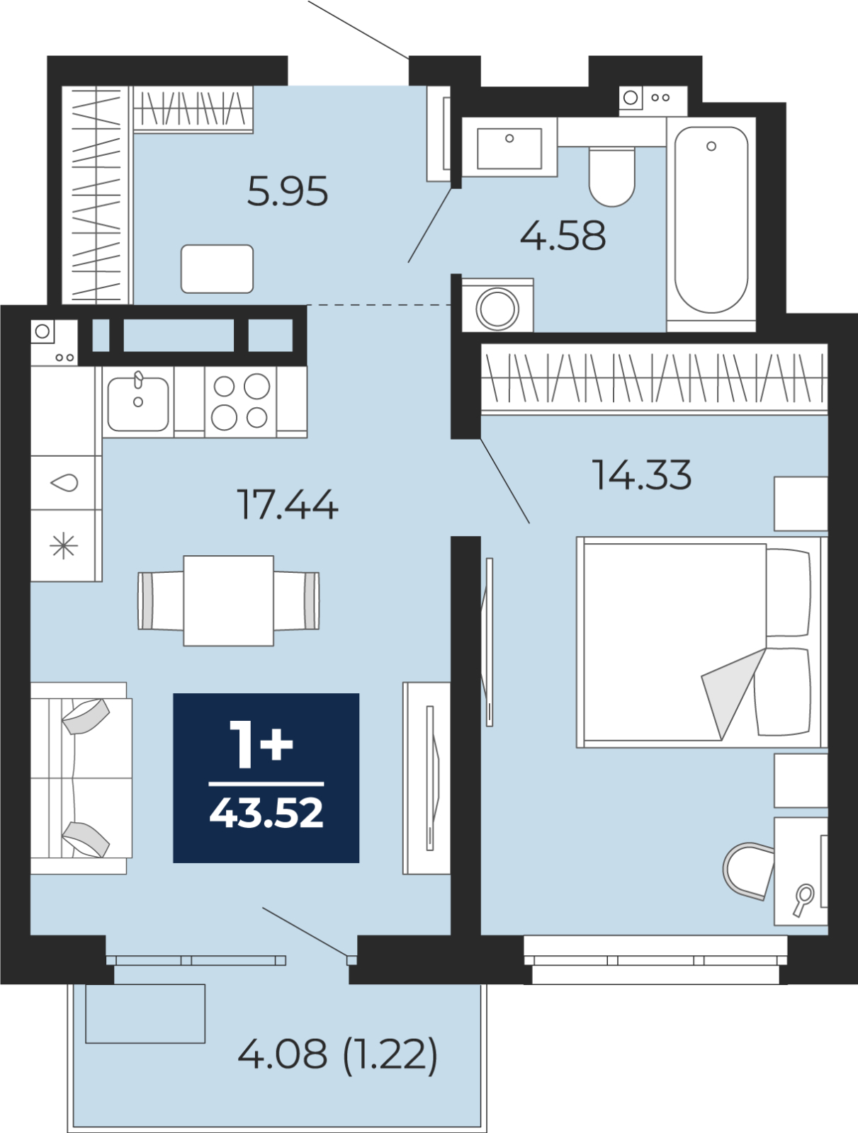 1-комнатная квартира (Студия) в ЖК Бунинские кварталы на 16 этаже в 7 секции. Сдача в 2 кв. 2026 г.