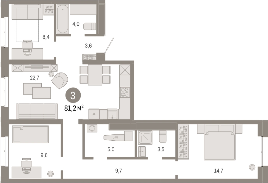 3-комнатная квартира в ЖК Бунинские кварталы на 6 этаже в 6 секции. Сдача в 2 кв. 2026 г.