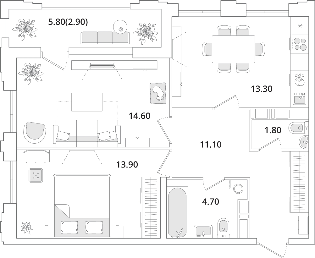 2-комнатная квартира в ЖК Бунинские кварталы на 7 этаже в 6 секции. Сдача в 2 кв. 2026 г.