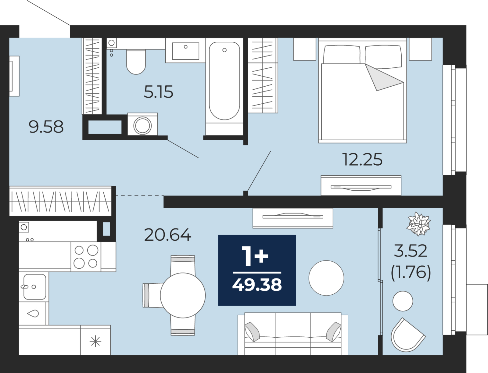 1-комнатная квартира (Студия) в ЖК Бунинские кварталы на 19 этаже в 7 секции. Сдача в 2 кв. 2026 г.