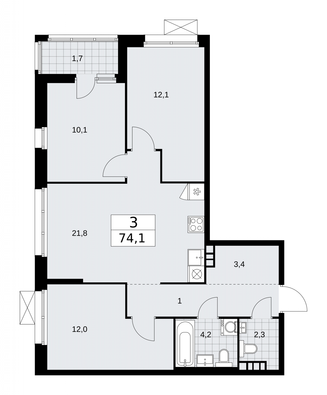 3-комнатная квартира в ЖК Бунинские кварталы на 10 этаже в 6 секции. Сдача в 2 кв. 2026 г.