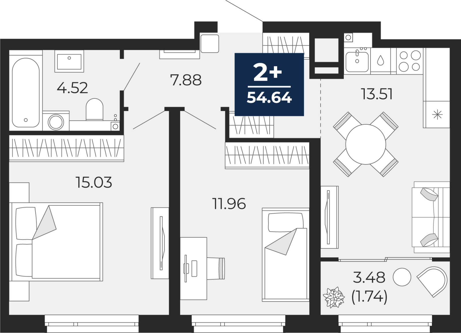 3-комнатная квартира в ЖК Бунинские кварталы на 12 этаже в 6 секции. Сдача в 2 кв. 2026 г.