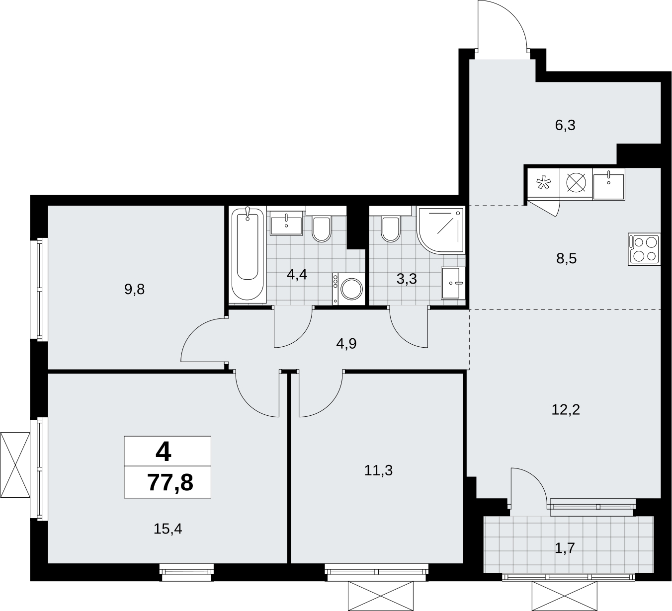 4-комнатная квартира в ЖК Бунинские кварталы на 5 этаже в 1 секции. Сдача в 2 кв. 2026 г.