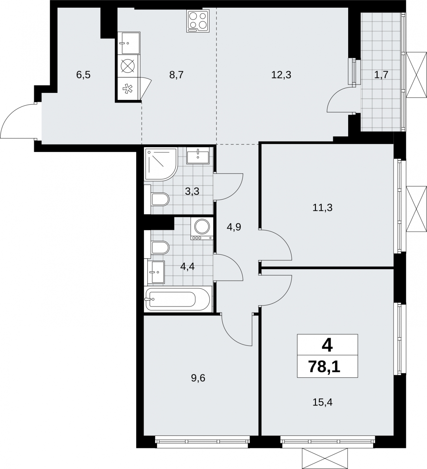 3-комнатная квартира в ЖК Бунинские кварталы на 19 этаже в 6 секции. Сдача в 2 кв. 2026 г.