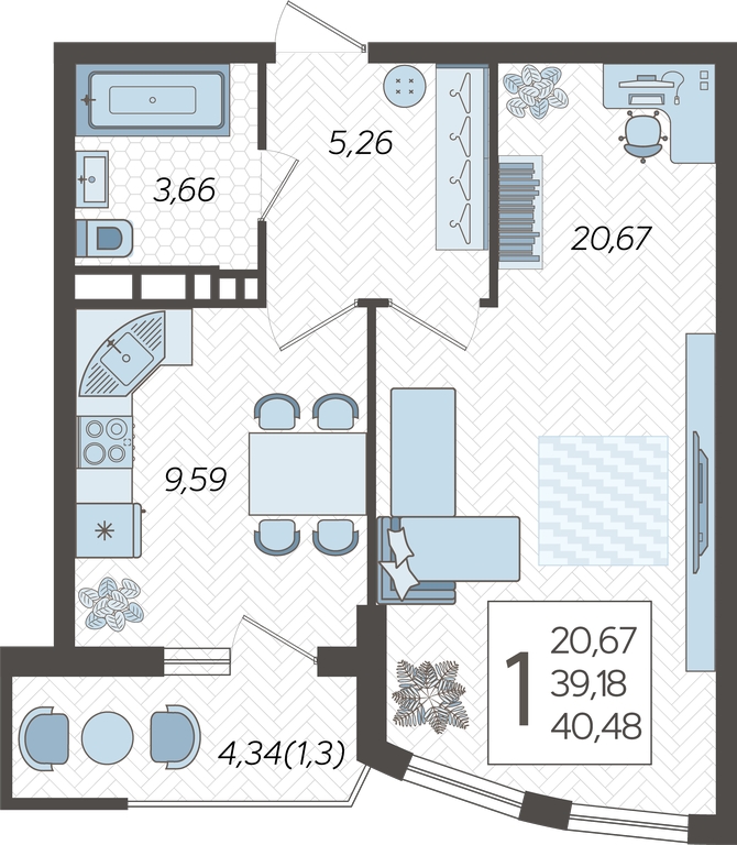 1-комнатная квартира в ЖК Режиссер на 21 этаже в 1 секции. Сдача в 1 кв. 2026 г.