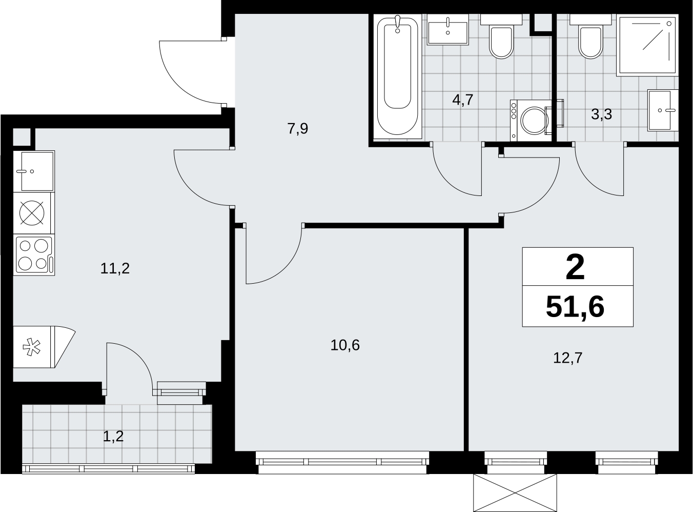 2-комнатная квартира в ЖК Бунинские кварталы на 8 этаже в 7 секции. Сдача в 2 кв. 2026 г.