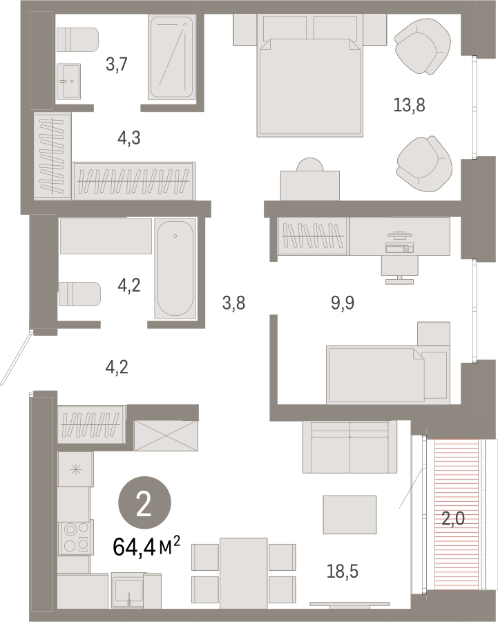 2-комнатная квартира в ЖК Бунинские кварталы на 3 этаже в 3 секции. Сдача в 2 кв. 2026 г.