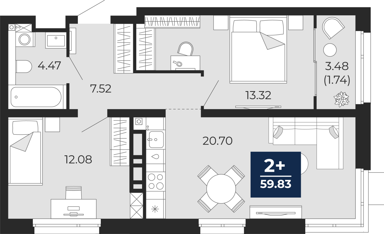 1-комнатная квартира (Студия) в ЖК Бунинские кварталы на 13 этаже в 7 секции. Сдача в 2 кв. 2026 г.