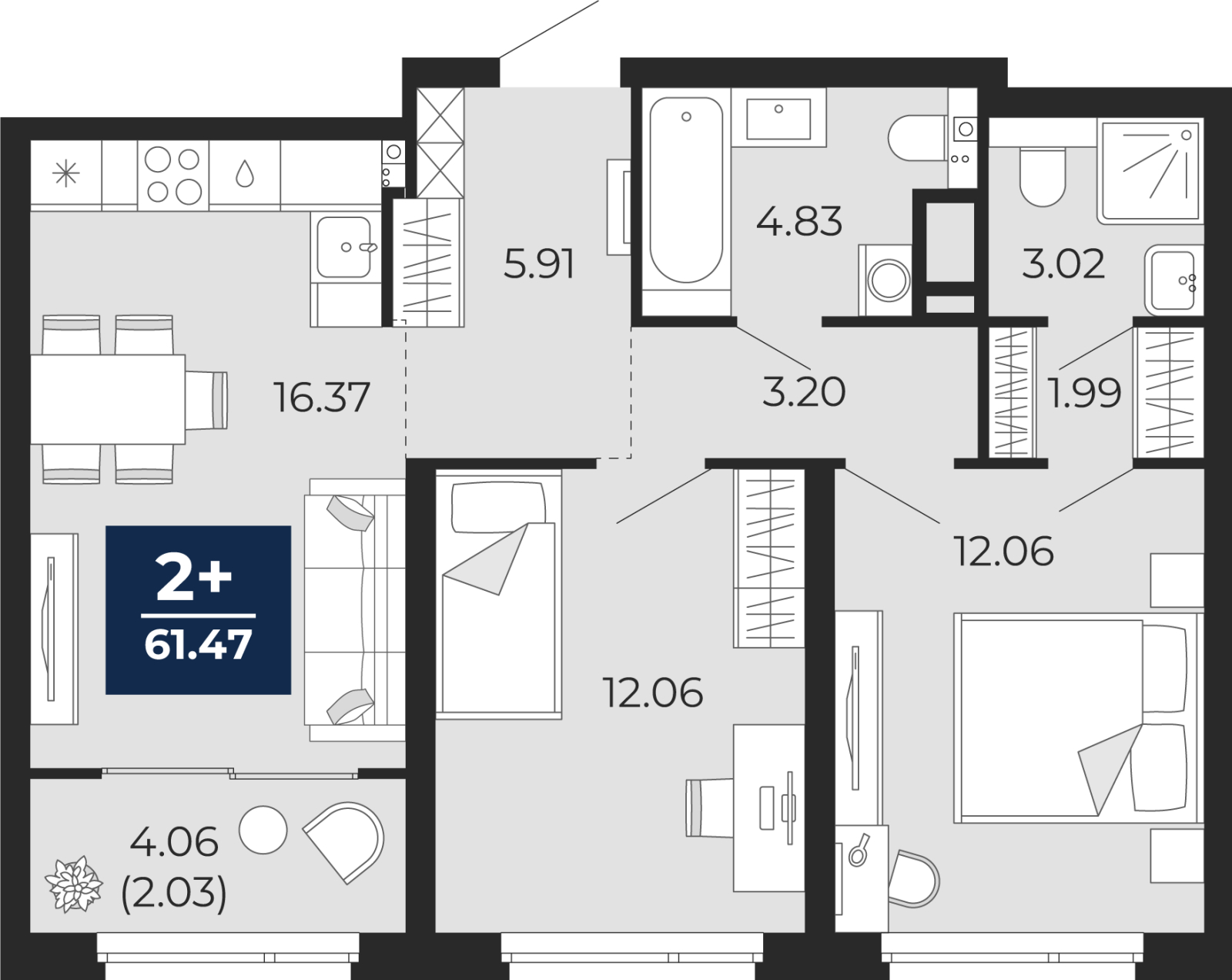 3-комнатная квартира в ЖК Бунинские кварталы на 17 этаже в 7 секции. Сдача в 2 кв. 2026 г.