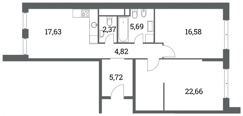 3-комнатная квартира в ЖК Headliner на 33 этаже в 5 секции. Сдача в 4 кв. 2022 г.