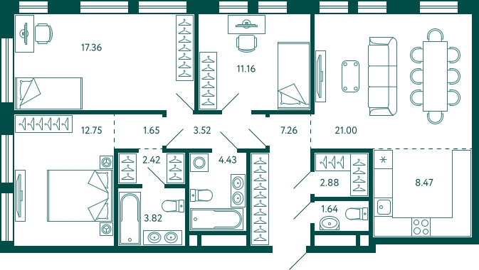 2-комнатная квартира с отделкой в ЖК Бунинские кварталы на 2 этаже в 4 секции. Сдача в 2 кв. 2026 г.