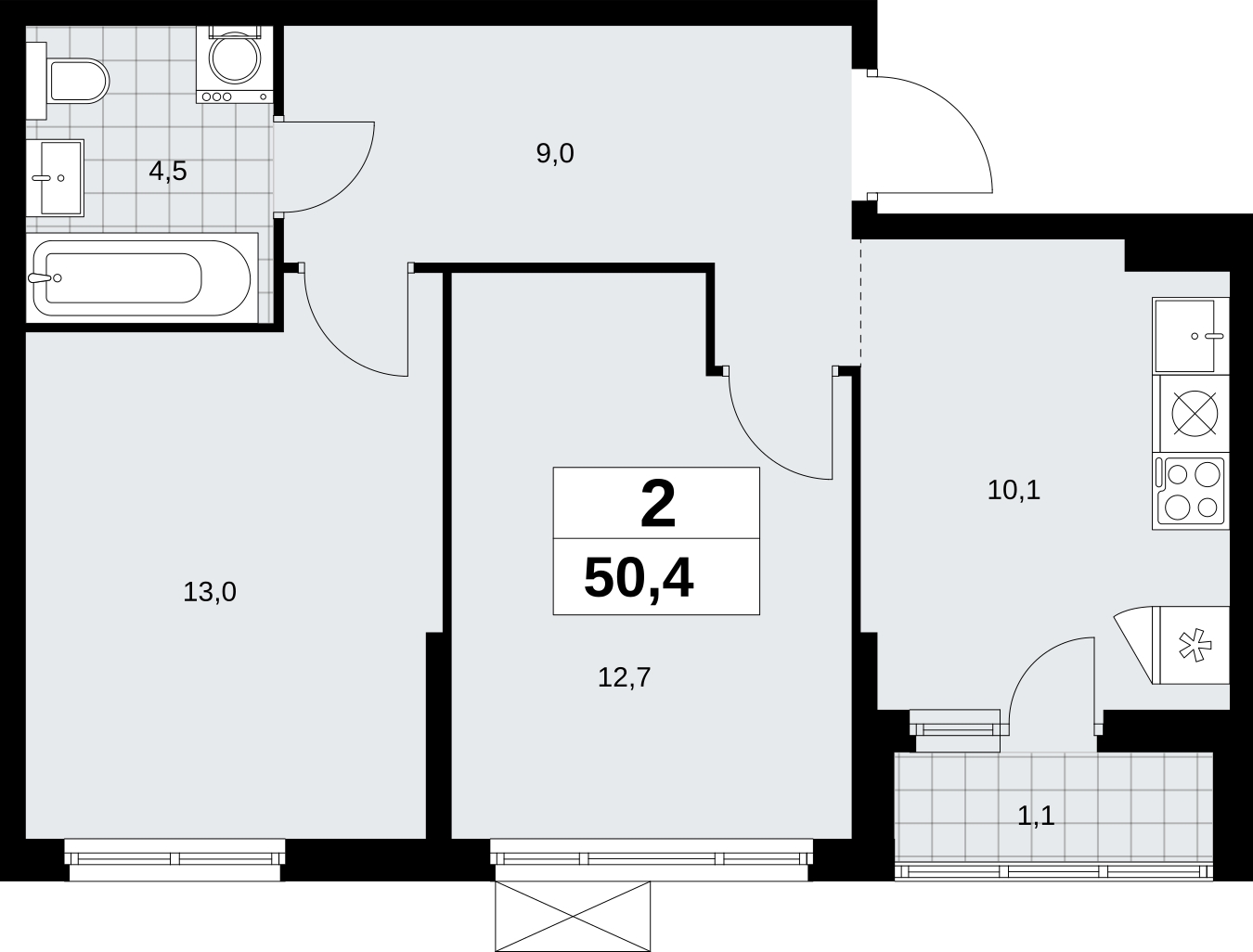 1-комнатная квартира (Студия) с отделкой в ЖК Бунинские кварталы на 13 этаже в 1 секции. Сдача в 2 кв. 2026 г.