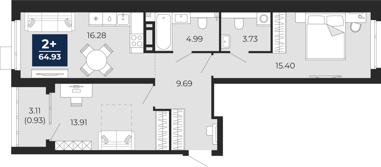 1-комнатная квартира (Студия) в ЖК Бунинские кварталы на 14 этаже в 2 секции. Сдача в 2 кв. 2026 г.